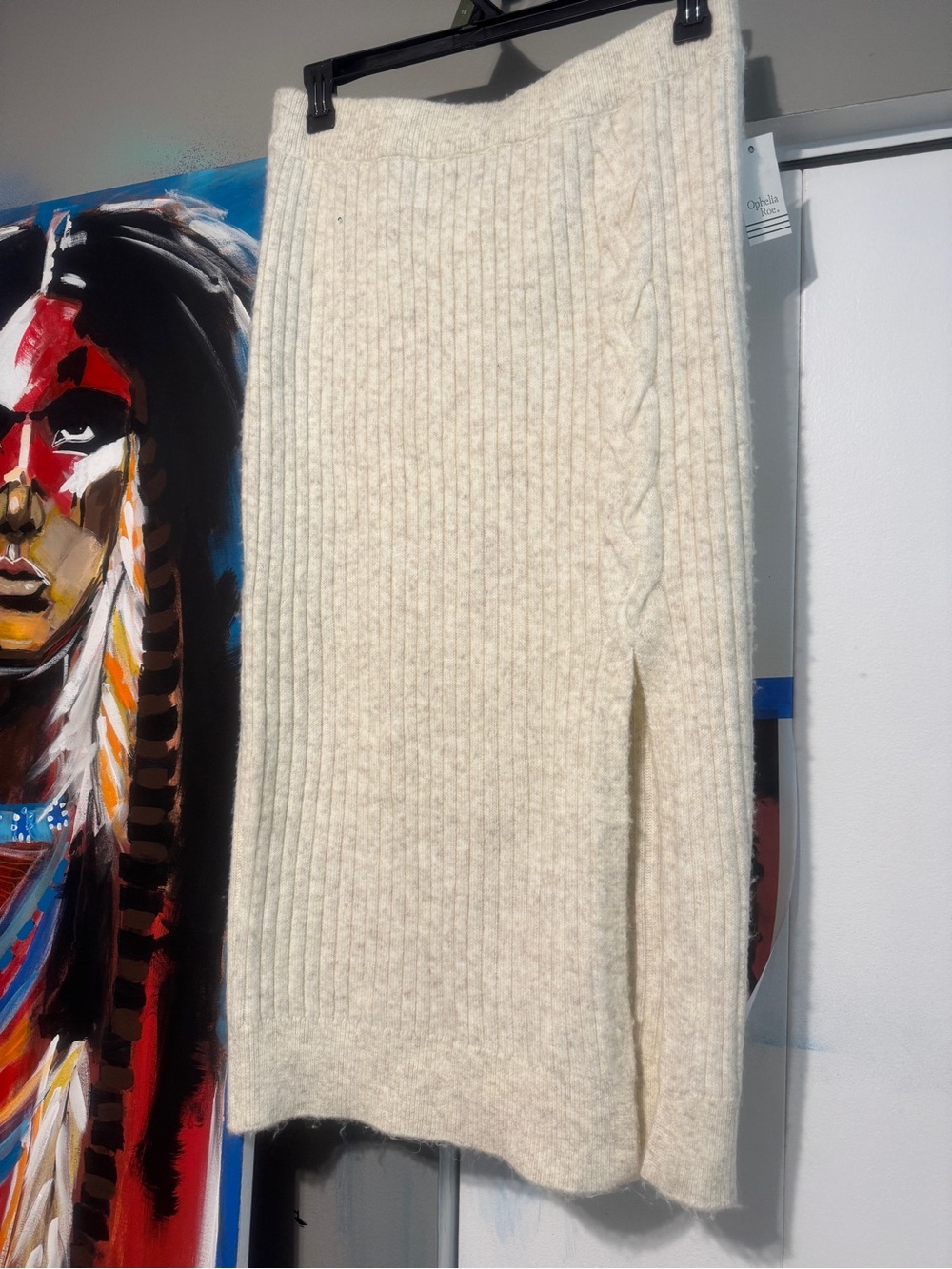 NWT Ophelia Roe Wool Blend Cable Knit Midi Sweater Skirt Cream Side Slit Size L - Picture 1 of 8